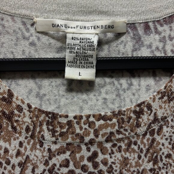 Diane Von Furstenberg Womens Long Sleeve Leopard Print Metallic Top Size L - Picture 5 of 5